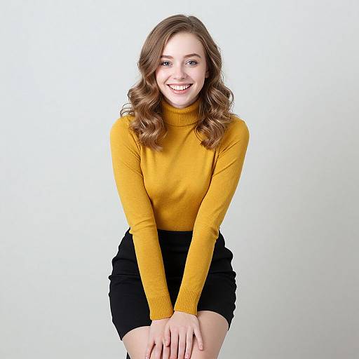 Smiling Young Woman in Mustard Yellow Turtleneck and Black Skirt