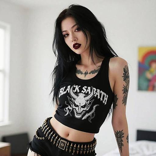 Gothic Rock Woman Wearing Black Sabbath Crop Top and Studded Belt