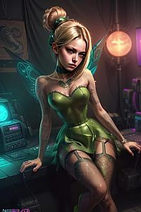 Cyberpunk Woman in Futuristic Green Outfit Sitting in Neon-Lit Room