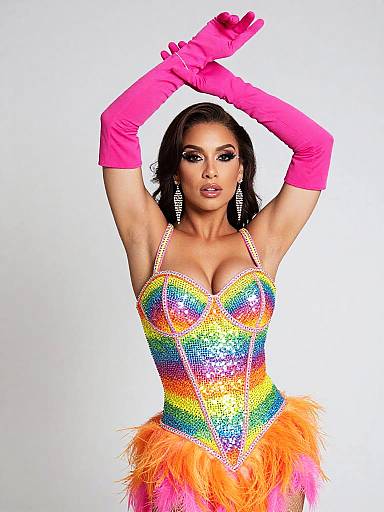 Glamorous Woman in Rainbow Sequin Corset with Pink Gloves