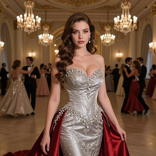 Elegant Woman in Silver Red Ball Gown at Grand Ballroom Event