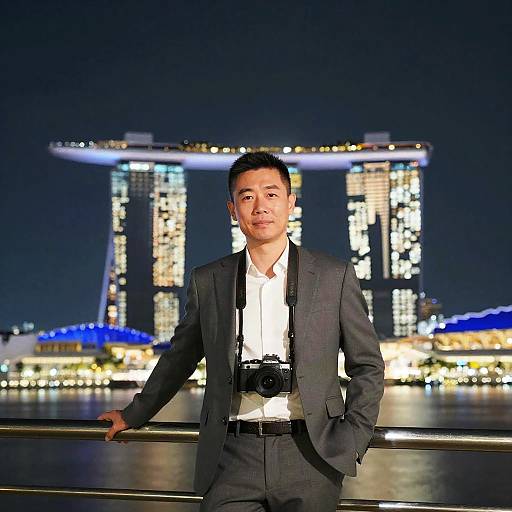 Man in Suit with Camera at Night by Marina Bay Sands Singapore