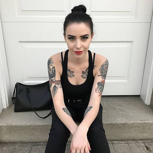 Tattooed Woman Sitting on Steps in Black Outfit with Handbag