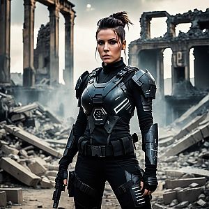Woman in Futuristic Combat Suit in Post-Apocalyptic Ruins