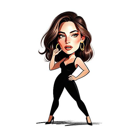 Confident Woman Caricature in Black Outfit with Gold Hoop Earrings