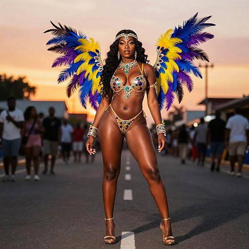 Woman in Colorful Carnival Costume with Feathered Wings on Street at Sunset