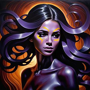 Striking Woman with Purple Hair and Orange Background
