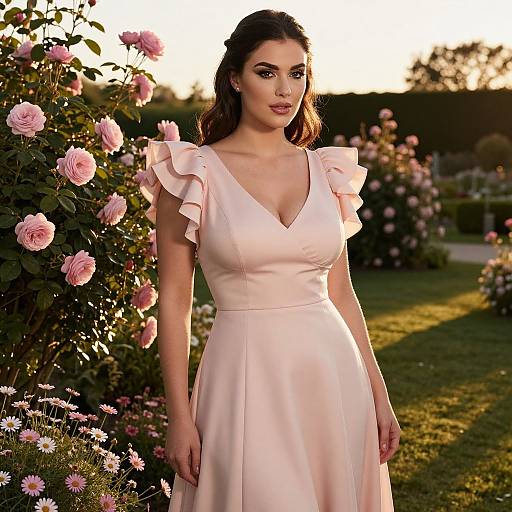 Elegant Woman in Pale Pink Dress in Rose Garden at Golden Hour