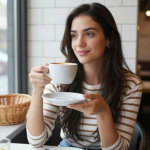 Young Woman Drinking Coffee in Cozy Cafe