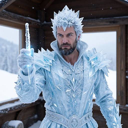 Ice King Man in Detailed Frost Costume Holding Glowing Icicle Staff