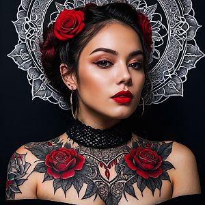 Striking Woman with Red and Black Rose Tattoos