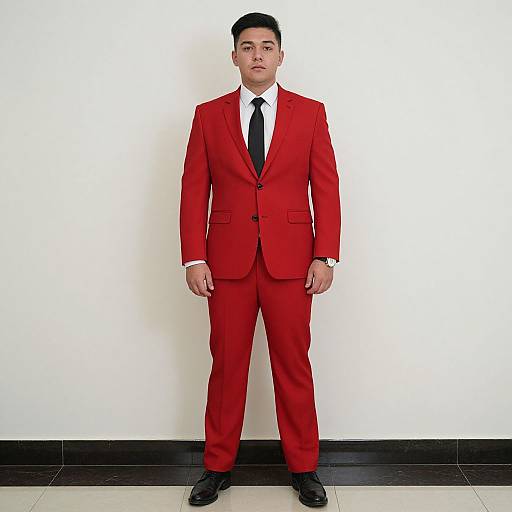 Young Man Wearing Bright Red Suit with Black Tie in Formal Setting
