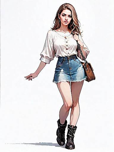Realistic Comic Style Illustration of Casual Woman in Denim Skirt and Blouse