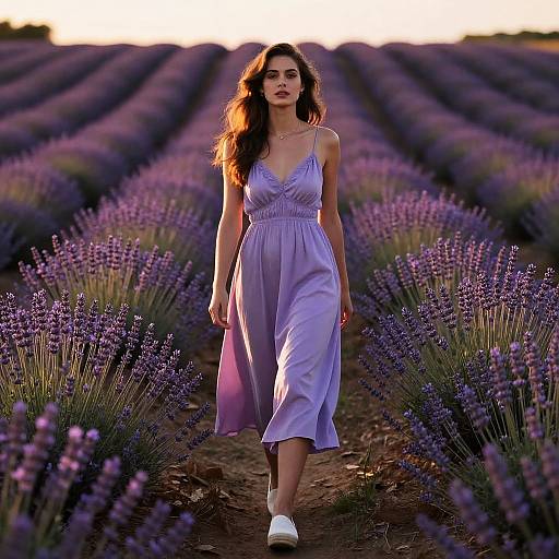 Woman Walking in Lavender Field at Sunset in Flowing Dress