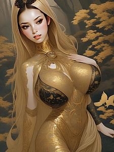 Woman in Golden Gown in Forest