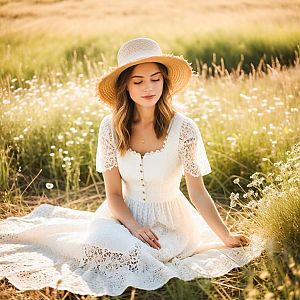 Serene Woman in Lace Dress in Wildflower Meadow