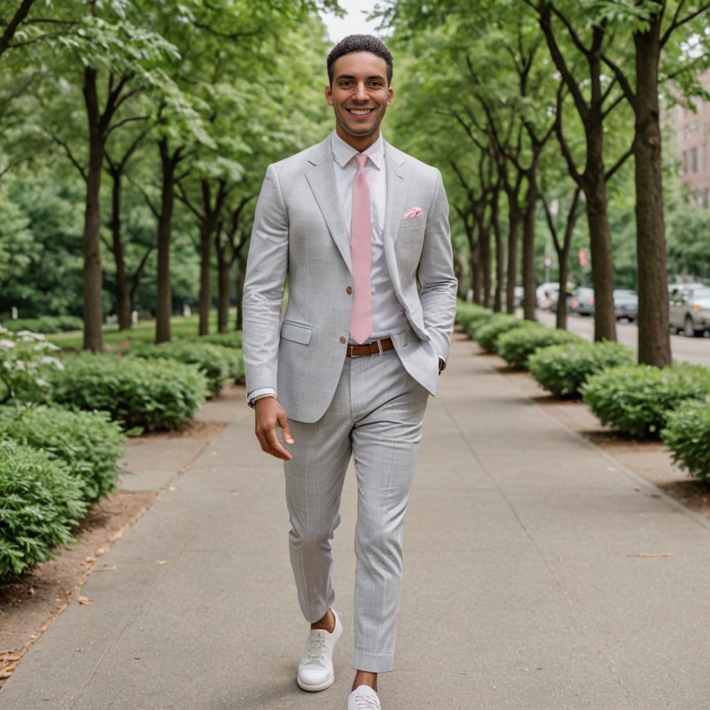 Stylish man in gray suit with pink tie and sneakers