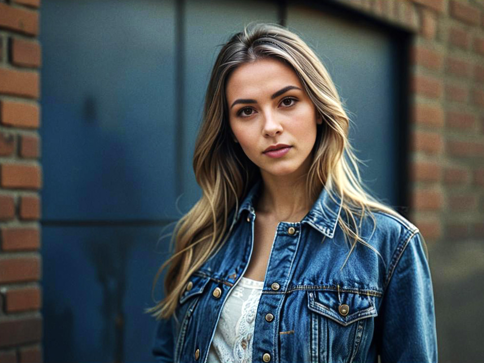 Confident Woman in Denim Jacket Against Urban Backdrop