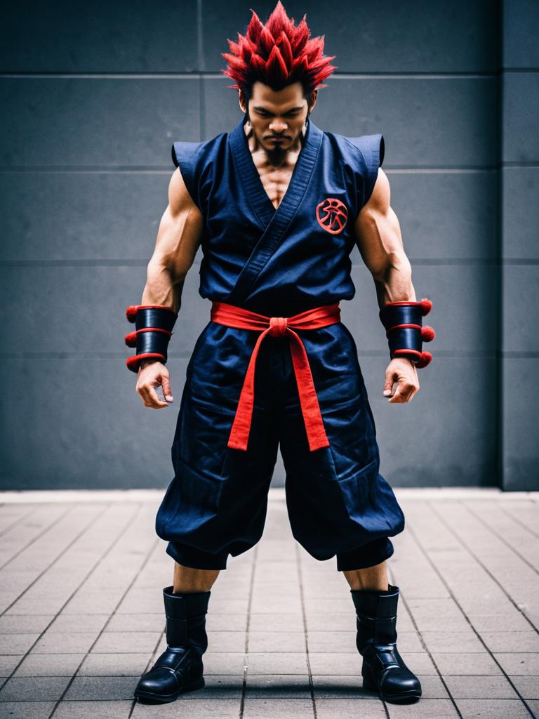 Realistic Man in Akuma Cosplay Costume with Red Spiky Hair