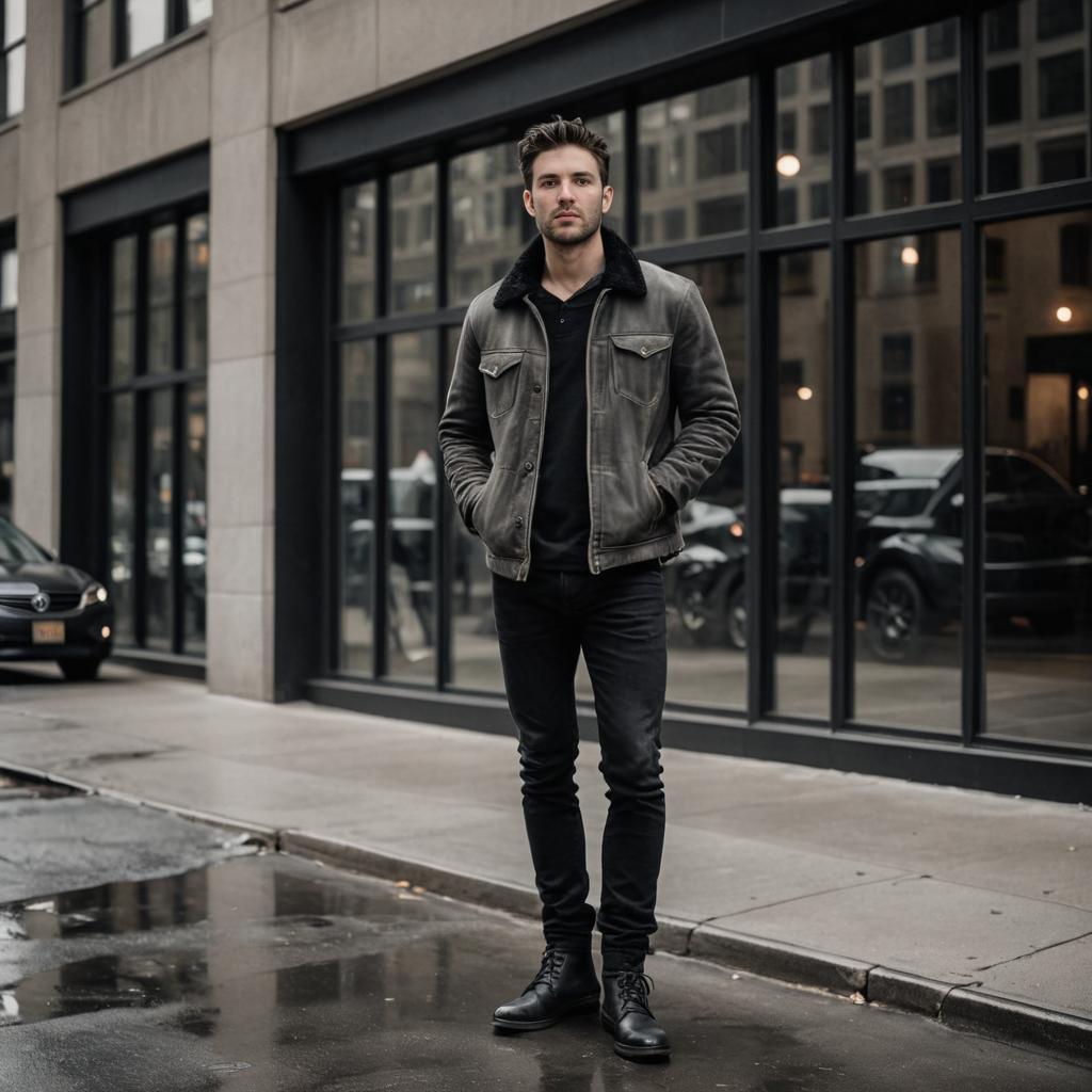 Confident Man in Leather Jacket on City Street