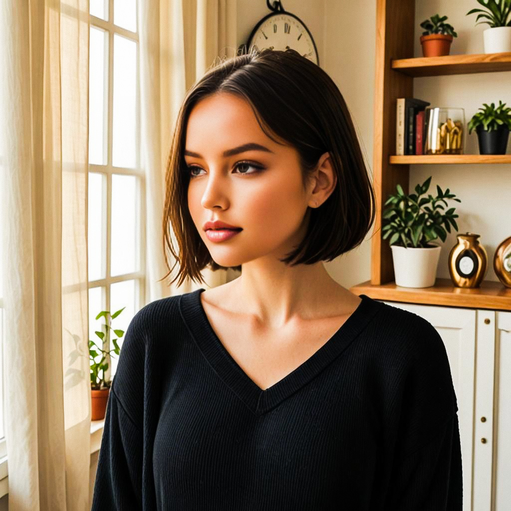 Thoughtful woman by window with natural light Thoughtful woman by window with natural light