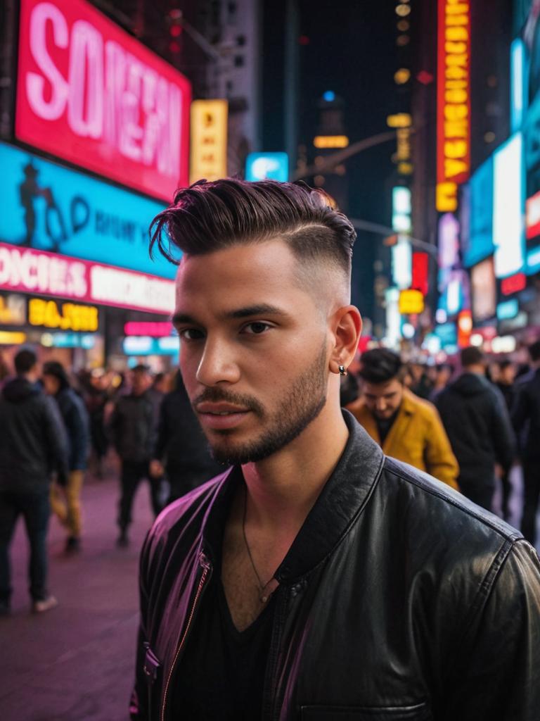 Stylish man with undercut in vibrant urban setting