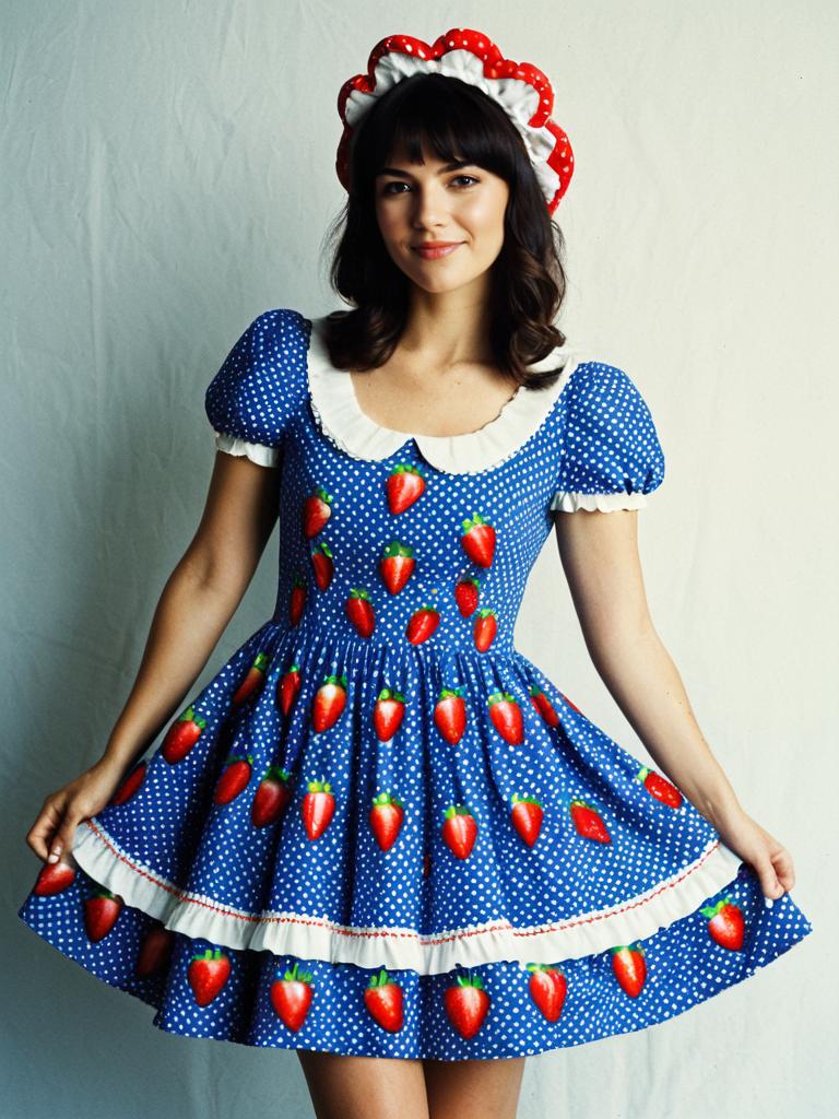 Woman Wearing Blue Polka Dot Dress with Strawberry Print and Matching Ruffled Headband