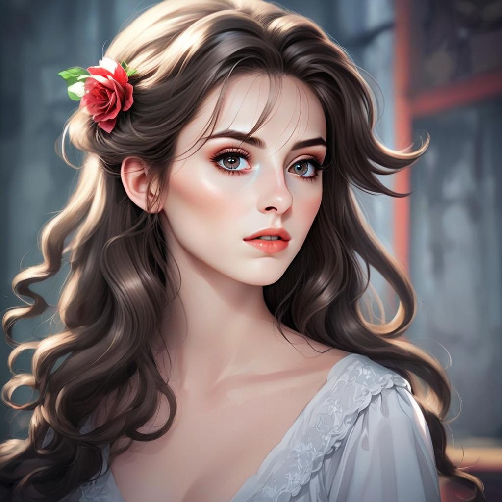 Realistic Digital Portrait of Young Woman with Red Rose in Hair