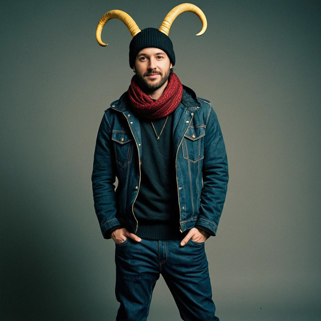 Man in Denim Jacket with Red Scarf and Beanie