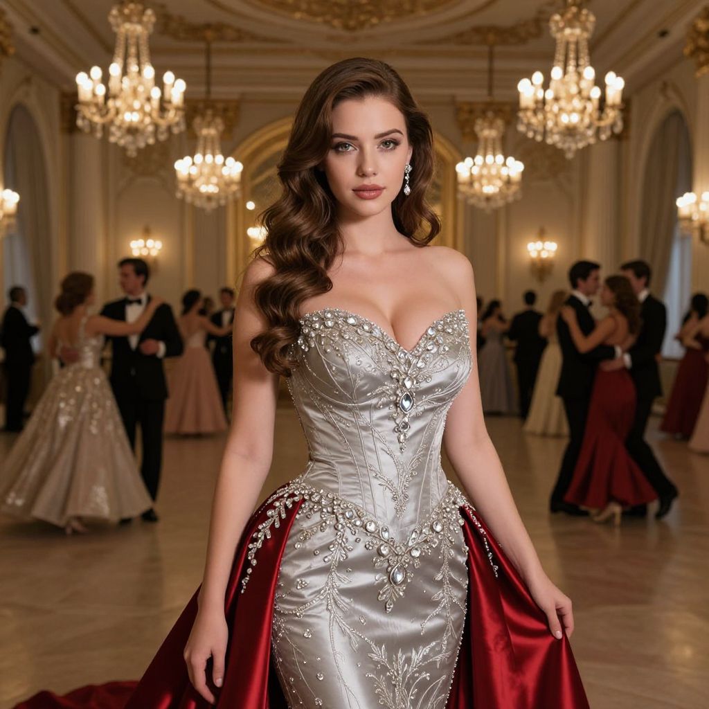 Elegant Woman in Silver Red Ball Gown at Grand Ballroom Event
