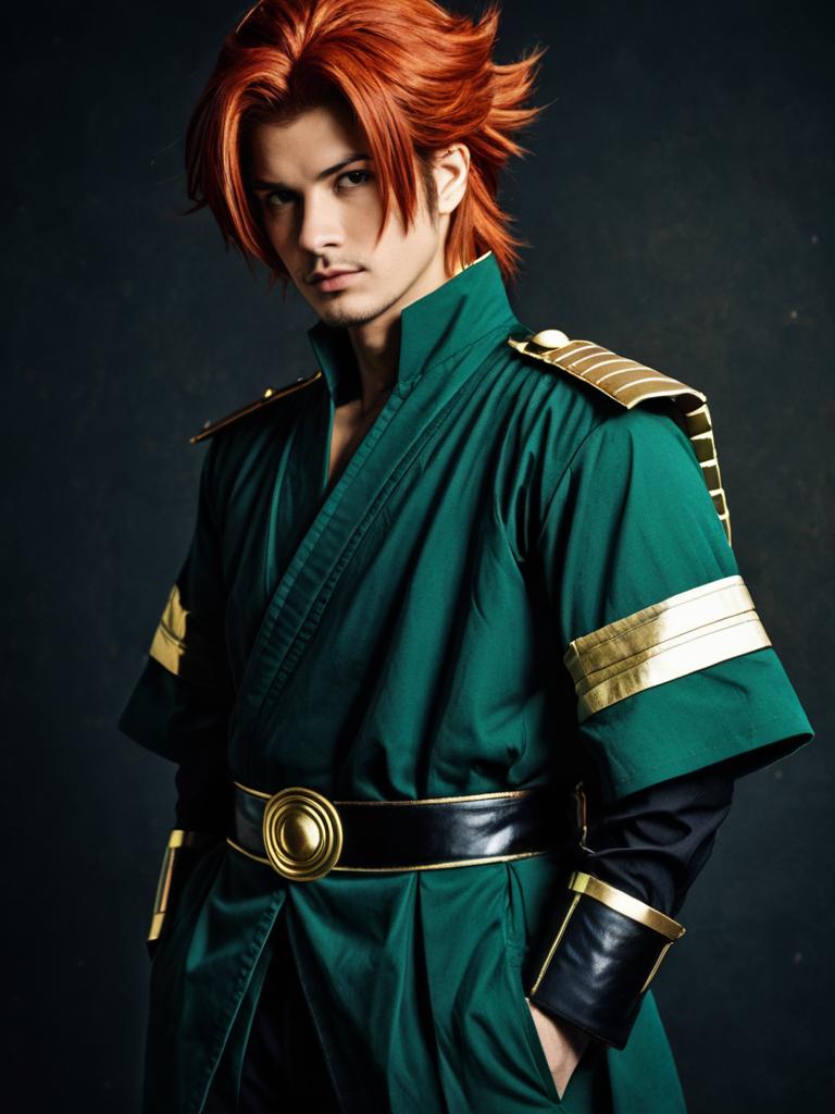 Man in Realistic Noriaki Kakyoin Cosplay Costume from JoJo's Bizarre Adventure