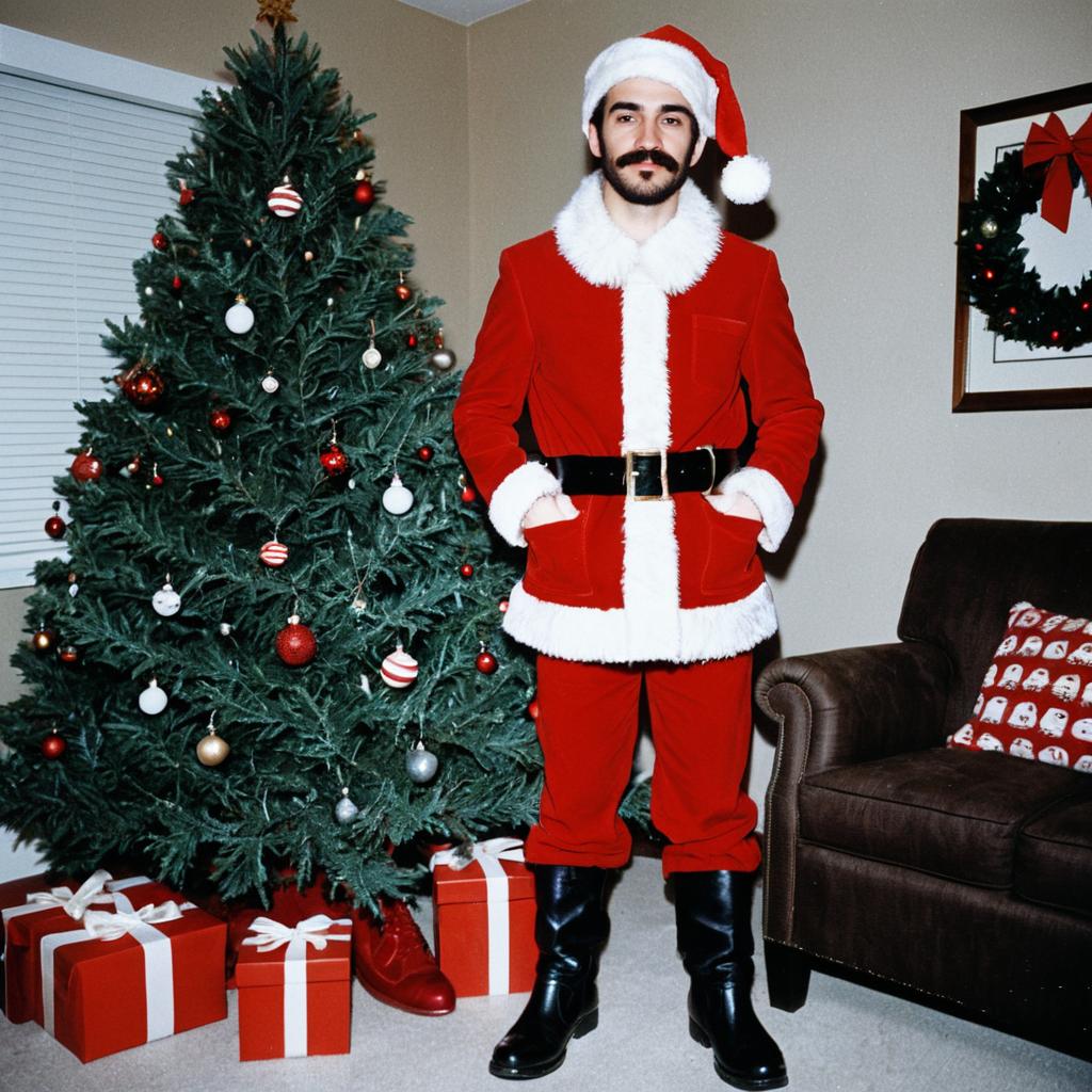 Santa Claus in Cozy Living Room with Christmas Tree Santa Claus in Cozy Living Room with Christmas Tree