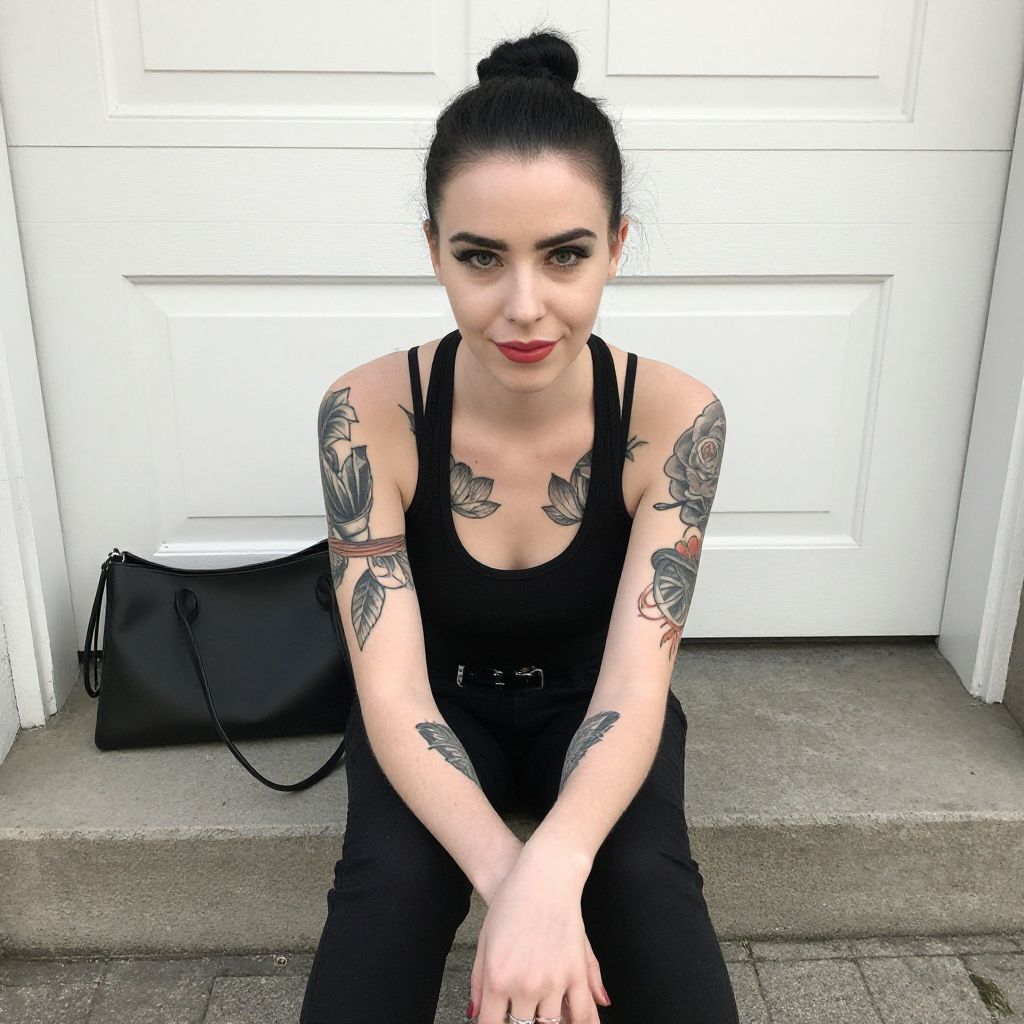 Tattooed Woman Sitting on Steps in Black Outfit with Handbag