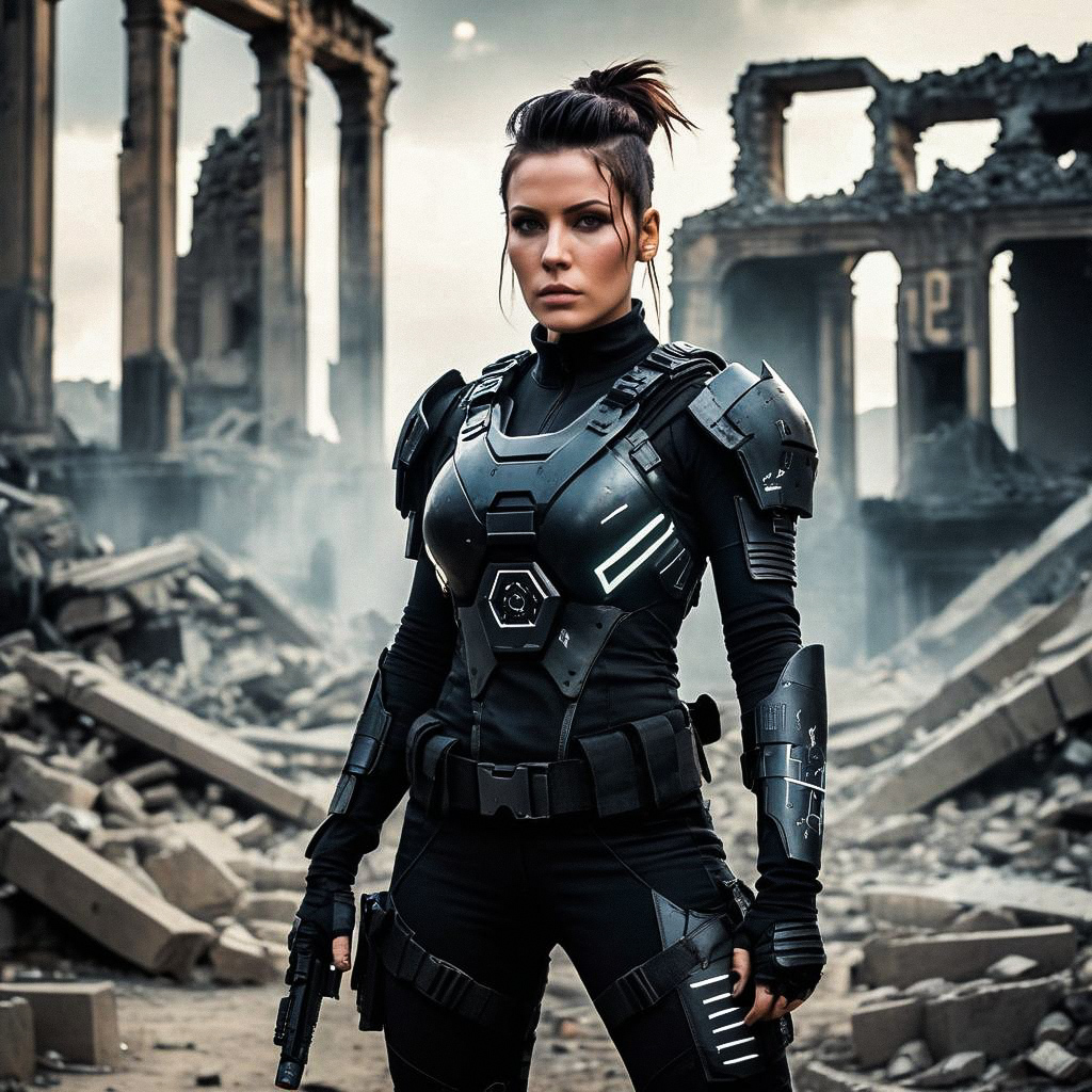 Woman in Futuristic Combat Suit in Post-Apocalyptic Ruins Woman in Futuristic Combat Suit in Post-Apocalyptic Ruins