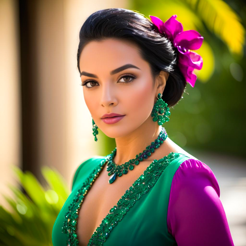 Elegant Woman in Green Attire with Pink Flower