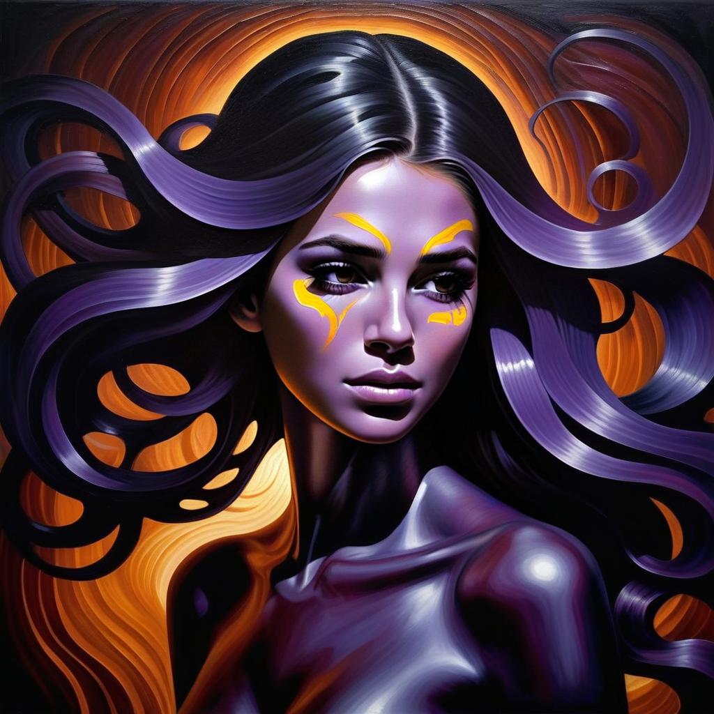 Striking Woman with Purple Hair and Orange Background