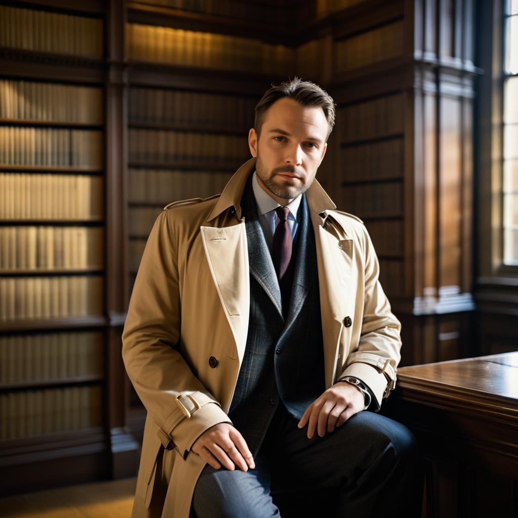 Stylish man in beige trench coat in library