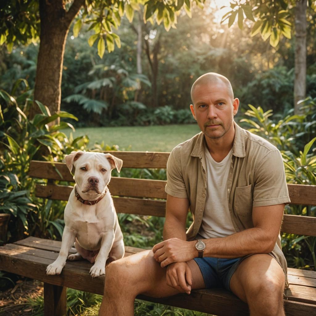 Man with Blue-Eyed Pitbull on Bench Outdoors