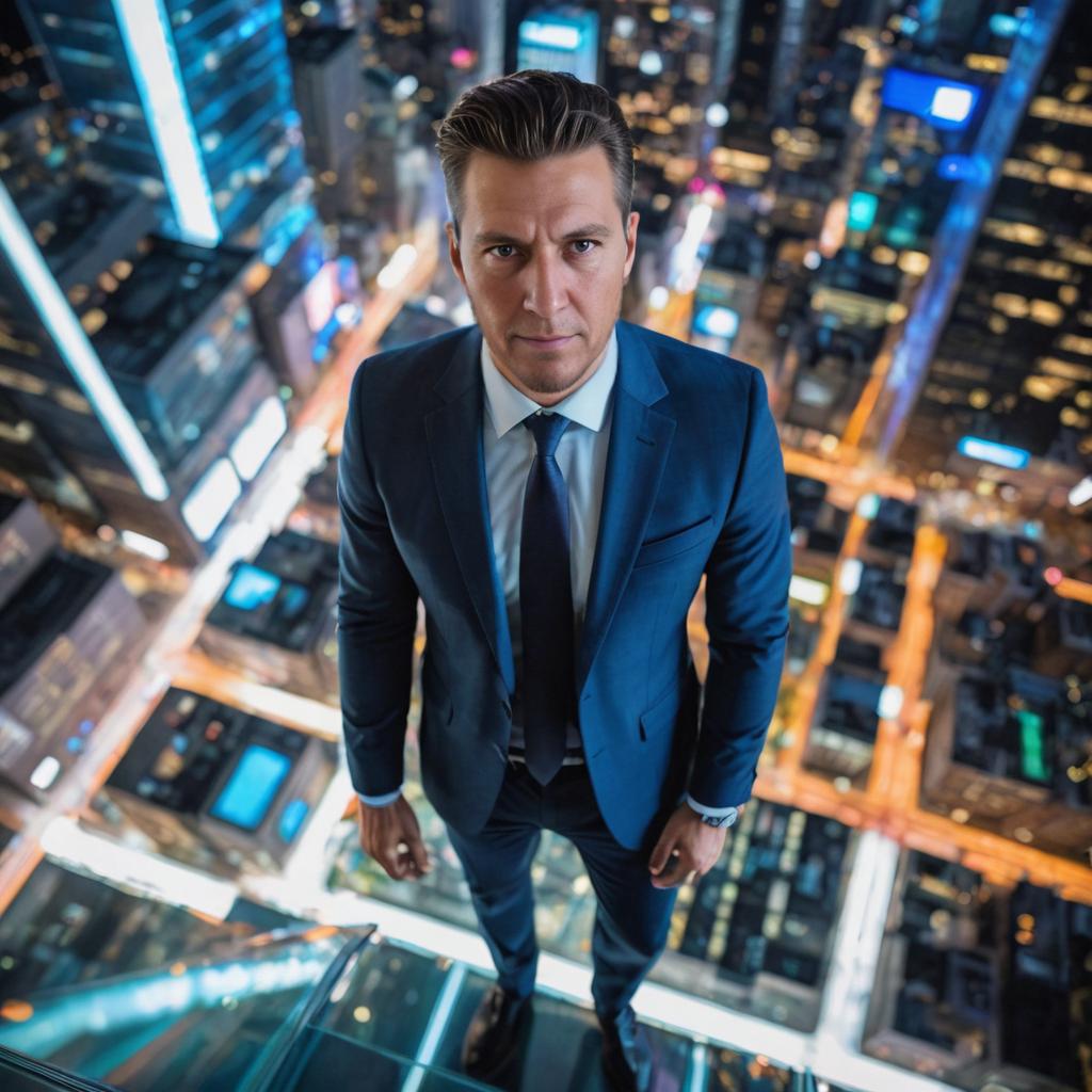 Confident man overlooking cityscape at night