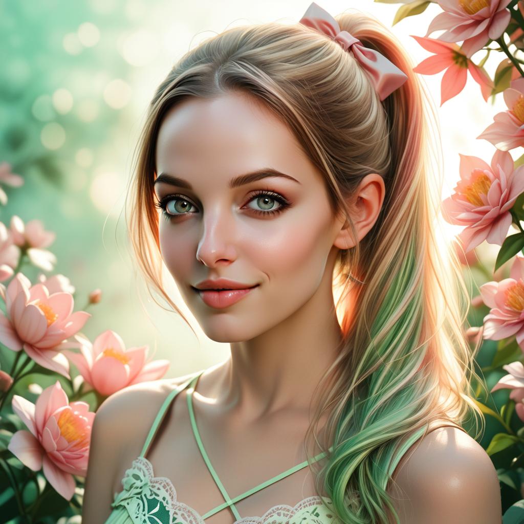 Young Woman with Blonde Ponytail and Pink Flowers
