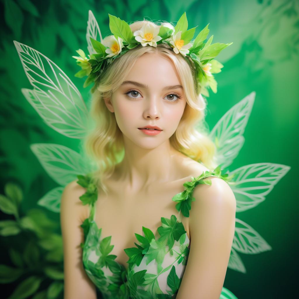 Fairy Woman with Floral Crown and Green Wings