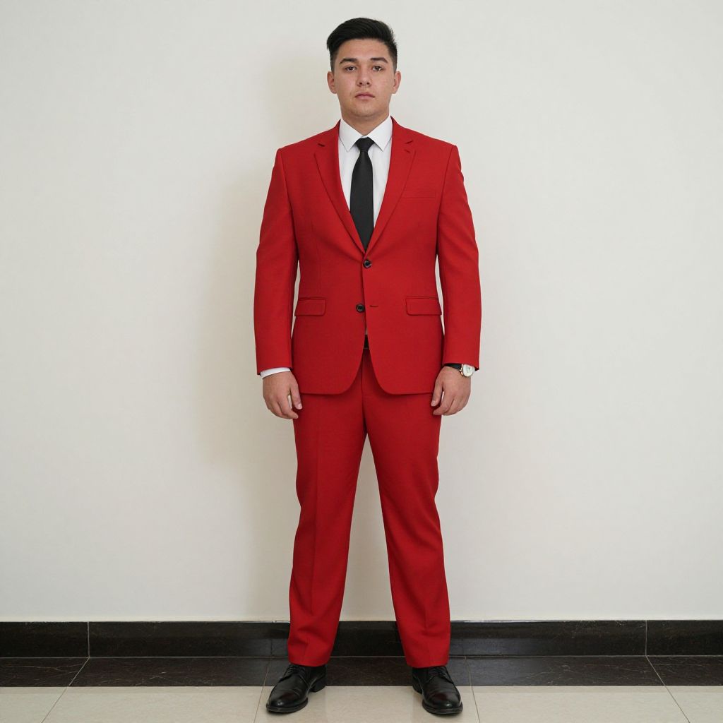 Young Man Wearing Bright Red Suit with Black Tie in Formal Setting