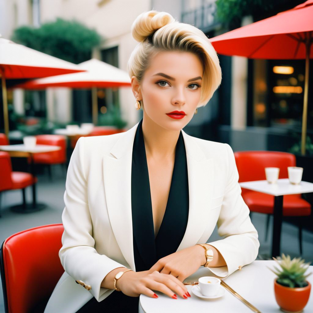 Stylish woman at outdoor café in white blazer