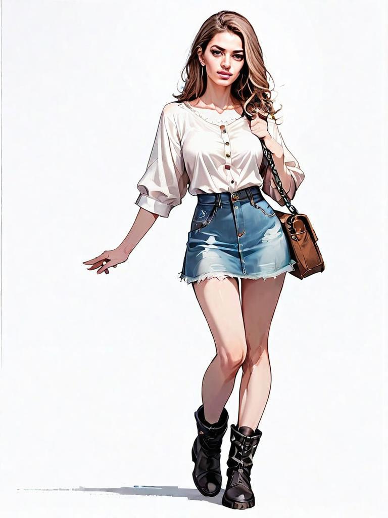 Realistic Comic Style Illustration of Casual Woman in Denim Skirt and Blouse