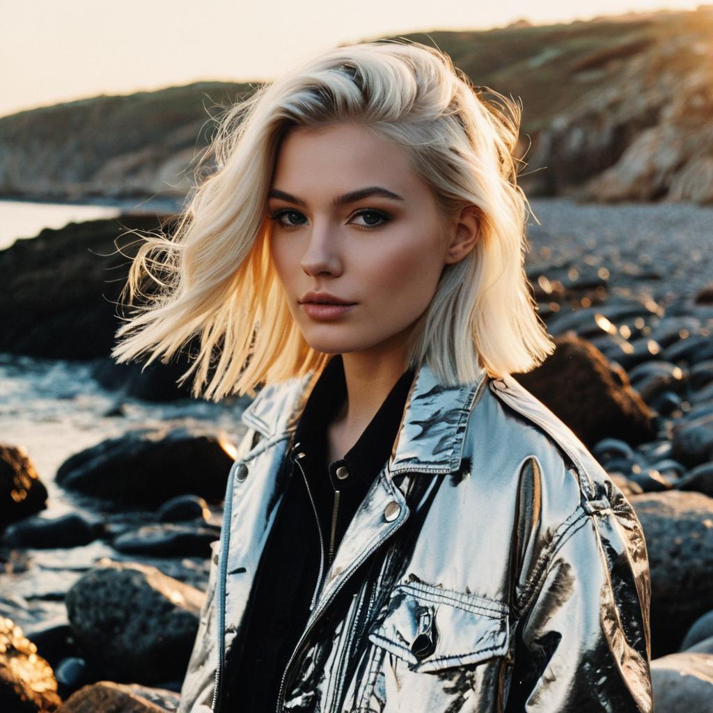 Blonde Woman in Metallic Jacket on Rocky Beach at Sunset