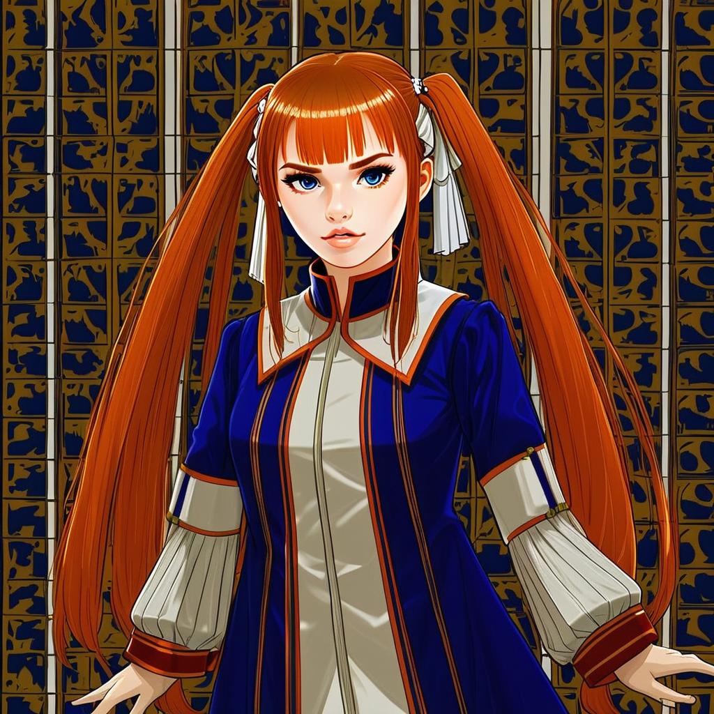 Anime Illustration of Woman with Orange Twin-Tails in Blue Outfit