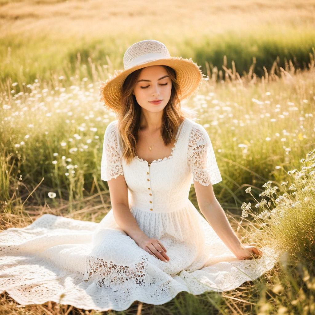 Serene Woman in Lace Dress in Wildflower Meadow