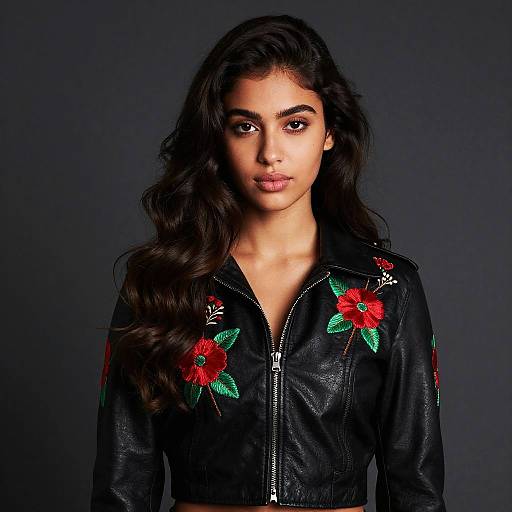 Young Woman Wearing Black Leather Floral Embroidered Jacket