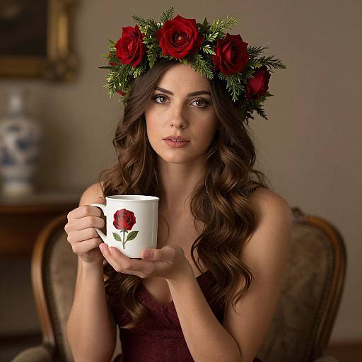 Woman Wearing Red Rose Crown Holding Rose Decorated Mug