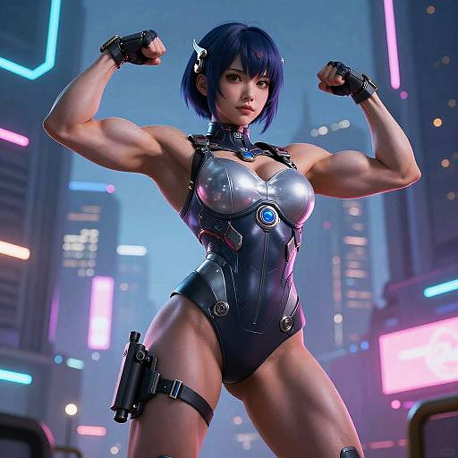 Cyberpunk Muscular Woman in Futuristic City - Gen Z Style